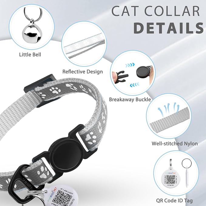 Breakaway Reflective Cat Collar with QR Name Tag & Bell (Grey)