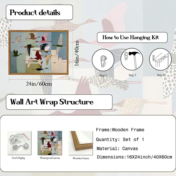 Framed Vintage Flying Bird Wall Art, Abstract Colorful Crane Pictures Wall Decor, Mid Century Modern Scandinavian Birds Paintings Canvas Prints Home Decor Aesthetic for Living Room Bedroom 16x24 inch