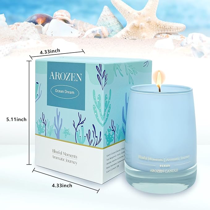 Ocean Scented Candles Gift for Women-10oz Aromatherapy Sea Beach Soy Candles for Home Scented with Healing Crystal inside-55H Burn Gifts for Valentine's Day, Birthday, Women, Mother's Day