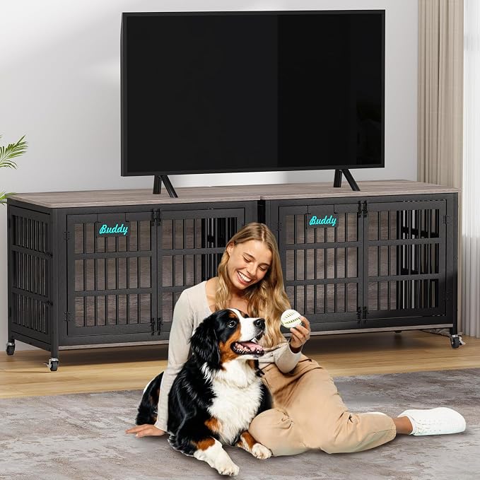 EasyCom 46"/42"/33" XXL Heavy Duty Dog Crate Furniture with Casters | Dog Kennel Indoor with Name Tag, Escape-Proof and Chew-Proof Dog Cage for Large High Anxiety Dog, as End Table