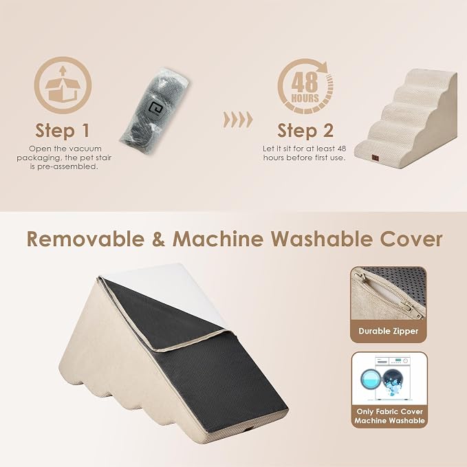 EHEYCIGA Curved Dog Stairs Ramp, 5-Step Extra Wide High Beds, Pet Step | 33D density of pure foam, for Small Dogs and Cats, Pet Stairs for High Bed Climbing, Non-Slip Balanced Indoor, Beige