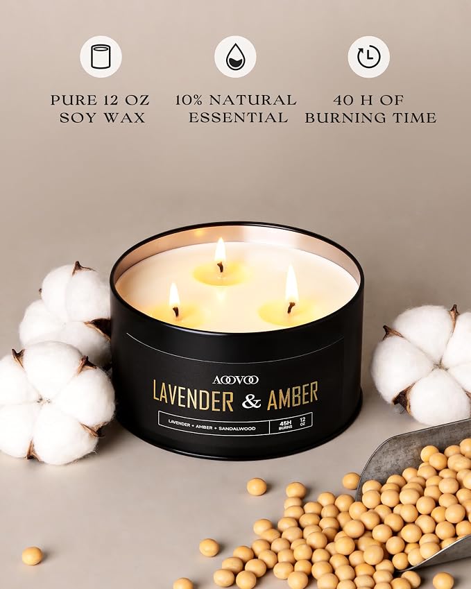 AOOVOO Lavender Amber Candles for Men - 3 Wick 12oz Large Scented Candle, Long Lasting Soy Candles for Home Scented, Strong Fragranced Masculine Black Candle Gift for Women & Men