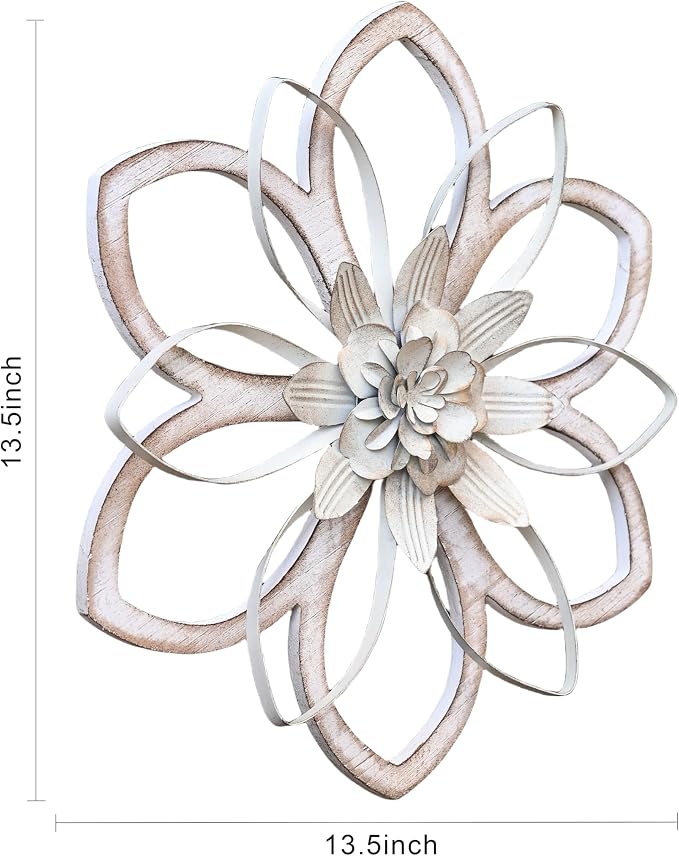 Remenna Metal & Wood Flowers Wall Decor, Rustic Wall Art Decoration Farmhouse Wall Decorations Multiple Floral Hanging Decor for Bathroom Living Room Home Office Garden Kitchen White 12inch
