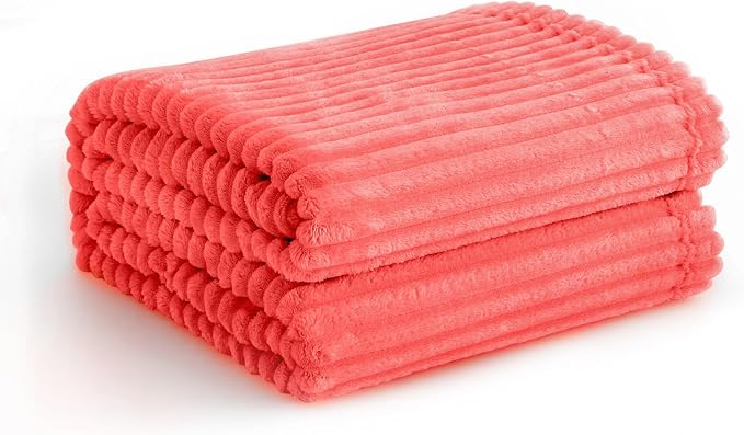 Vessia Flannel Fleece Throw Blanket for Couch,Sofa,Bed, 300GSM Striped Red Blanket for Adults and Kids, Super Soft Warm Cozy Lightweight Ribbed Throw for All-Season