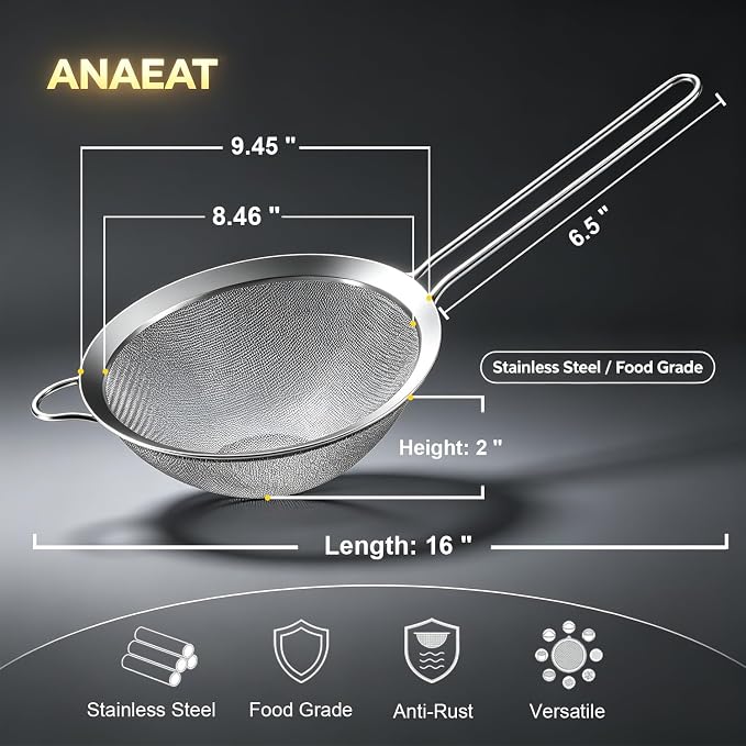 Anaeat Fine Mesh Strainers - Premium Stainless Steel Colander Sieve Sifters, with Durable Mesh and Sturdy Handle, Excellent for Sifting Dry ingredients, Flour, Pastas, Rice, Tea (9.45"）