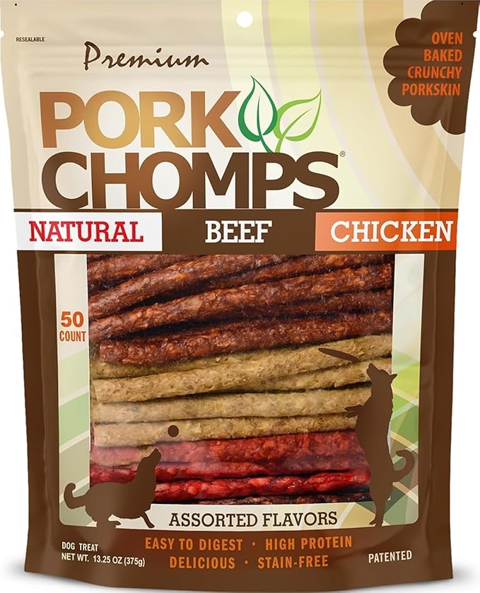 Pork Chomps Dog Chews, 5 in Munchy Sticks, Assorted Flavors, 50 Count | Oven-baked from real pork skin - a rawhide-free chew that's low in fat, high in protein, and easy to digest