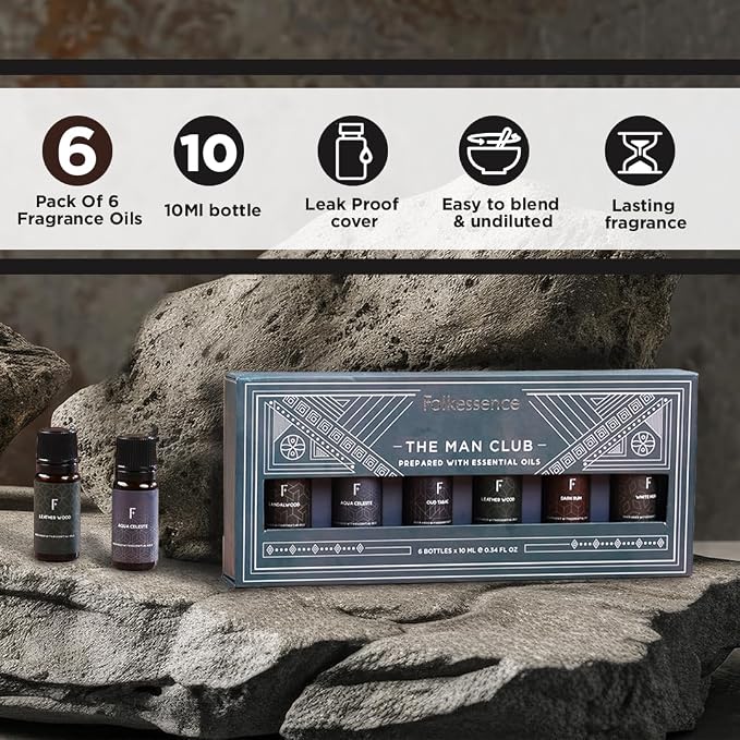 Folkulture Essential Oils Set for Men for Diffuser | Set of 6 Home Fragrance Oils | Oud, White Musk, Tobacco, Sandalwood & Leather Wood | Aromatherapy Gift Set for Men