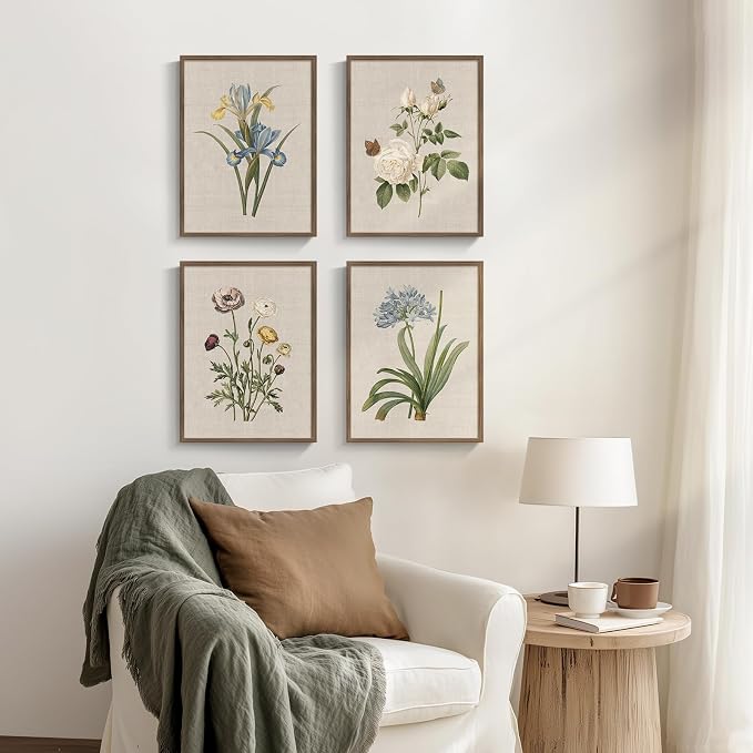 Framed Vintage Floral Botanical Wall Art for Living Room, 4 Piece 12x16 In | Modern farmhouse wall decor, Flower pictures, Rustic retro paintings, Ready to hang canvas prints, Kitchen bedroom home decor
