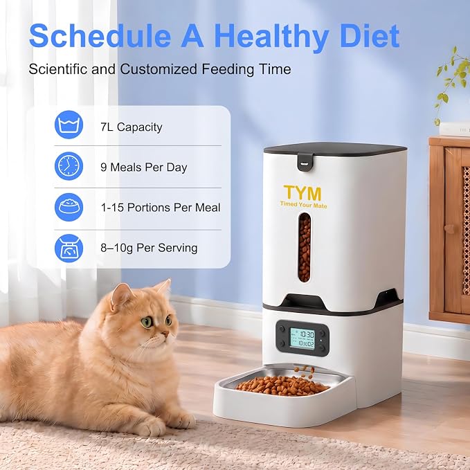 TYM Automatic Cat Feeder, 7L Large-Capacity Cat Food Dispenser with Timer | Easy Controls | 9 Meals/Day | 1-15 Portions/Meal | No App | Ideal for Cats & Small Dogs | Fresh Food | Stainless Steel Bowl