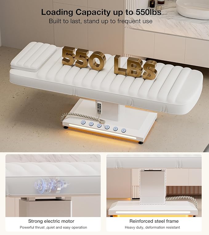 Paddie Luxury Fully Electric Spa Bed, Esthetician Spa Lash Table with LED Lights, Motorized Height & Angle Adjustable for Facial & Medical Treatment, White