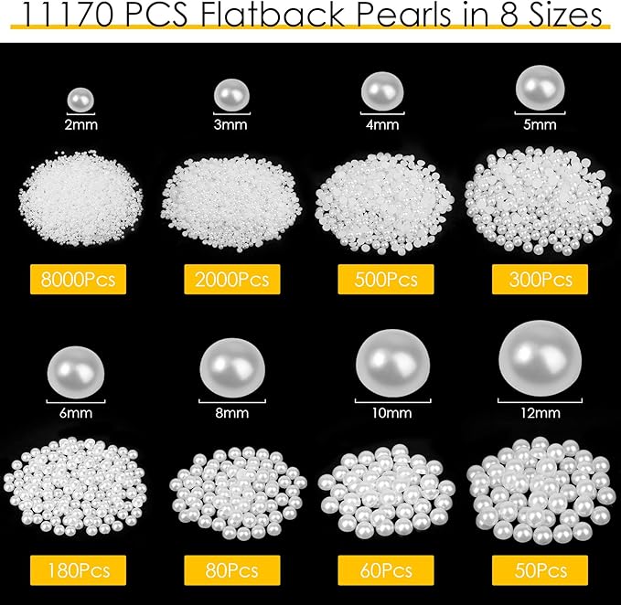 Mckanti 11176pcs Nail Pearls for Nail Art, 8 Mixd Sizes (2/3/4/5/6/8/10/12mm) Flatback Pearls Half Round Pearl Beads Loose Beads with 5 Dotting Pens and 1 Tweezer for DIY Crafts Nail Art Making