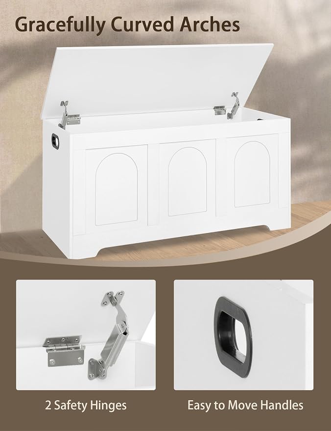 Storage Chest, Wooden Toy Box, White 39.4" L | Entryway Shoe Bench, 2 Soft-close Hinges, Finger-safe Flip-Top Lid, Easy Assembly, Farmhouse Large Trunk, Living Room/Bedroom