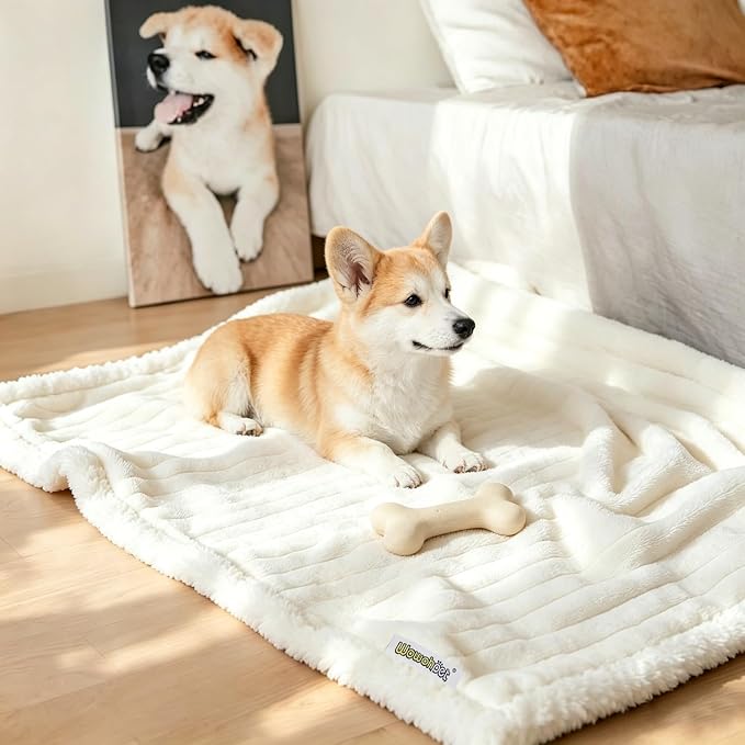 Waterproof Dog Blanket Cream 30x40 in | Soft Pet Cat Blanket Cozy Calming Sherpa Corduroy Fleece Reversible Furniture Bed Protector for Small Dogs Machine Washable