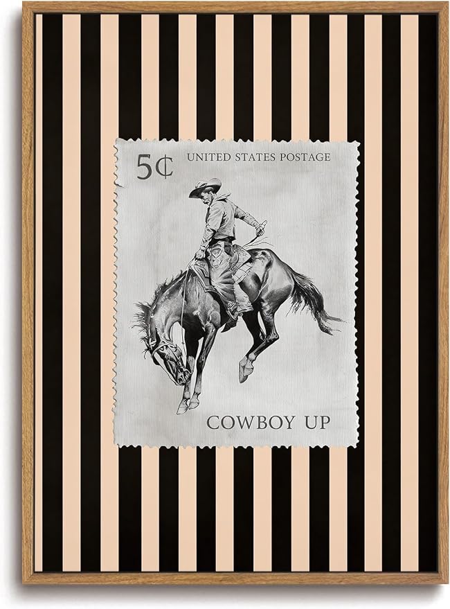 ZZLWBKGL Western Wall Decor Cowboy Canvas Art Vintage Framed Wall Art | Farmhouse Striped Artwork Retro Country West Stamp Picture Bucking Bronco Paintings for Living Room Bedroom 12x16in