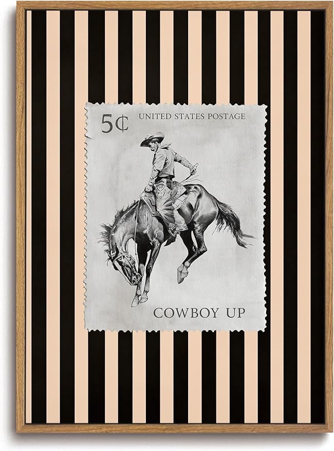 ZZLWBKGL Western Wall Decor Cowboy Canvas Art Vintage Framed Wall Art | Farmhouse Striped Artwork Retro Country West Stamp Picture Bucking Bronco Paintings for Living Room Bedroom 16x24in