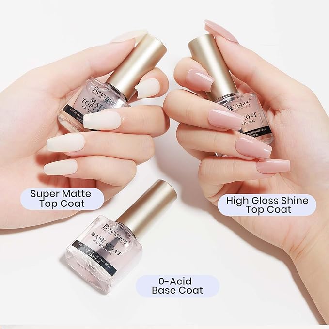 Base and Top Coat Nail Polish Set Quick Dry, 3Pcs No Wipe Shiny/Matte Top Coat for Fingernail Non Gel Air Dry Fast Clear Nail Polish No Chip Nail Protective DIY at Home