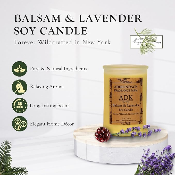 Adirondack Fragrance & Flavor Farm Balsam & Lavender Scented Candle 10 Oz | Proudly Poured in The USA, Natural Aromatherapy Wax for Relaxation, Home Décor, Kitchen, Gift and Living Spaces
