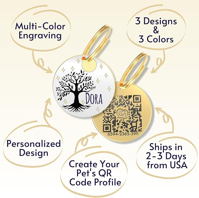 PawFurEver QR Code Dog Tag - Custom Dog Tags/Pet ID Tags for Dogs, Engraved Dog Tag & Pet Tag, Stainless Steel Dog Tags Personalized for Pets (Tree, Gold)