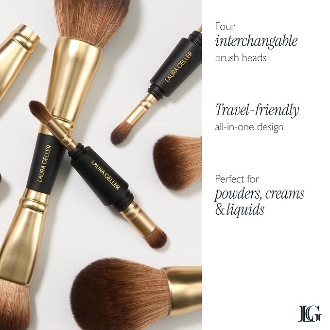 LAURA GELLER NEW YORK Geller To-Go 4-in-1 Travel Makeup Brushes - Interchangable Portable Makeup Brush for Travel - Includes Face and Eyeshadow Brushes for Makeup On the Go