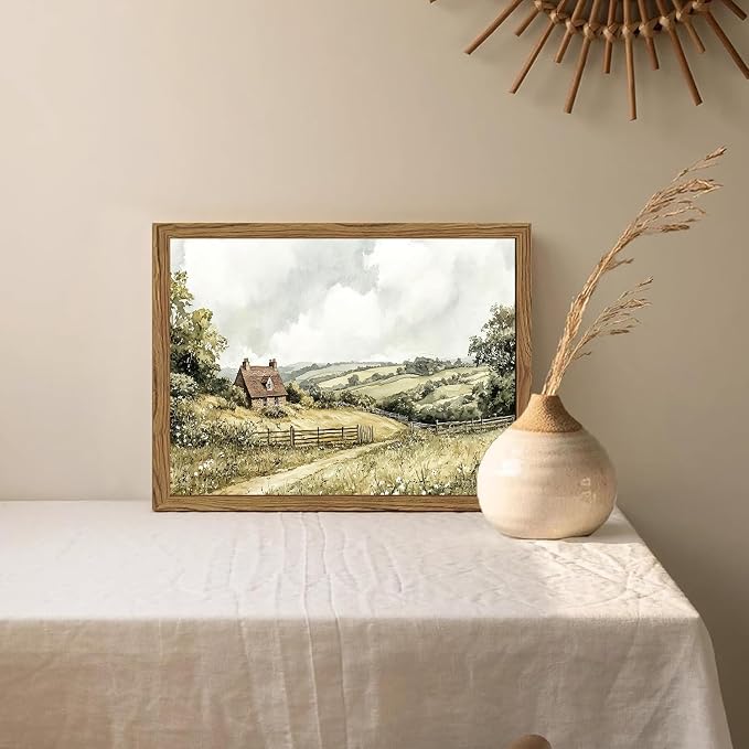 Framed Vintage Canvas Wall Art, Cottage Landscape Wall Decor Paintings, Rustic Farmhouse Pictures Prints Aesthetic Home Decor for Living Room Bedroom Bathroom 8x10 inch
