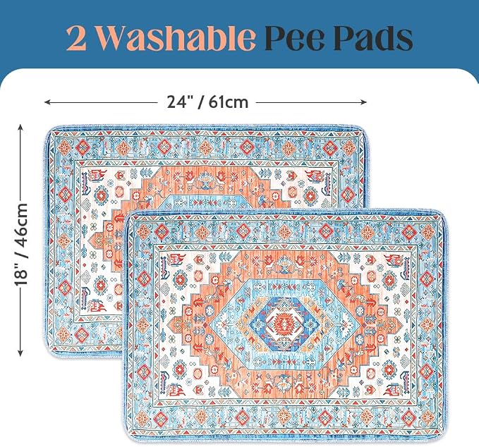 Washable Pee Pads for Dogs, 2 Pack Reusable Puppy Training Pads 24"x18" Super Absorbent Waterproof Dog Training Pads, Non-Slip Potty Pads, Whelping Pads Litter Mat Orange/Mix
