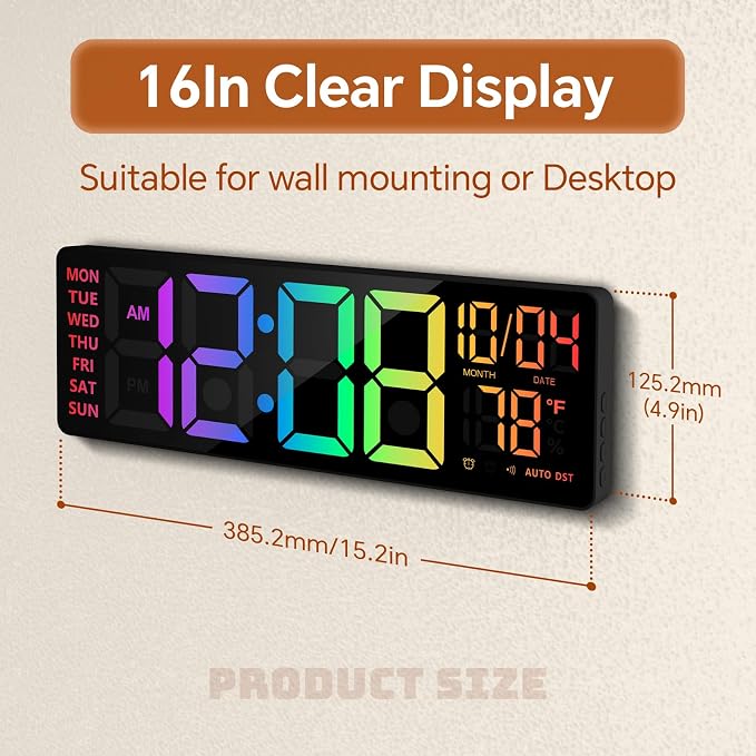 YISILE 16 Inch RGB LED Digital Wall Clock - 8 Color Display, 6 Night Light Modes, Bluetooth Auto Time Sync, Sound Wake-Up, Dual Alarm, Auto DST, Remote Dimmer for Bedroom, Living Room & Gaming Room
