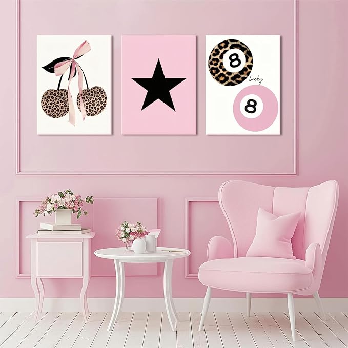Trendy Pink Leopard Bow Canvas Wall Art Set of 3 Funky Cherry Lucky 8 Ball Posters Prints Wall Decor Cute Coquette Preppy Aesthetic Pictures for Girls Bedroom Dorm Apartment 12x16 In Framed