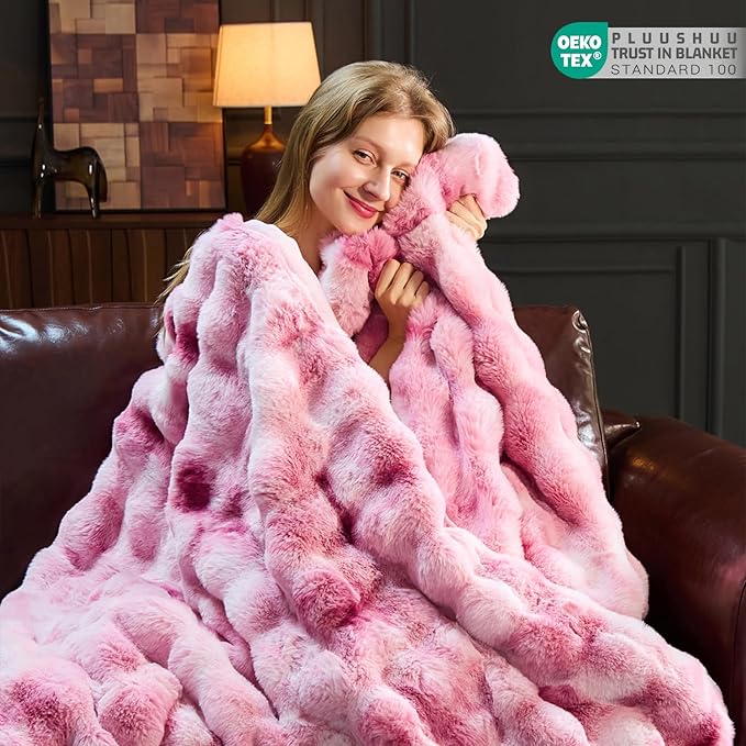 Faux Fur Throw Blanket for Couch, Fluffy Fuzzy Plush Bubble Blanket, Soft Warm Cozy Shaggy Rabbit Blanket, Luxury Decorative Gifts for Sofa Bedroom Living Room, 60x80inch (Tie-Dye-Pink)