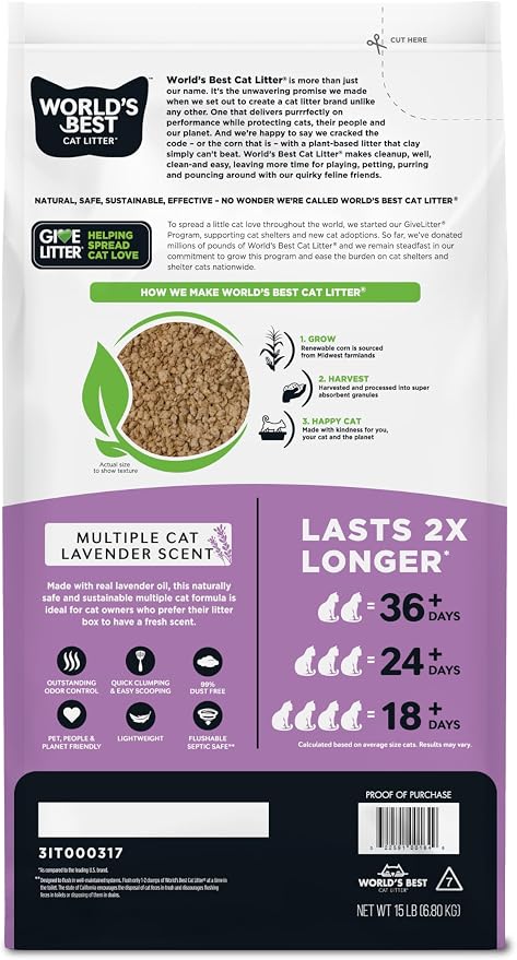 World's Best Cat Litter, Lavender Scented, Long-Lasting Odor Control, 15 lb | Controls multi-cat odors with a calming lavender scent; natural corn litter, quick clumping, flushable, 99% dust free formula