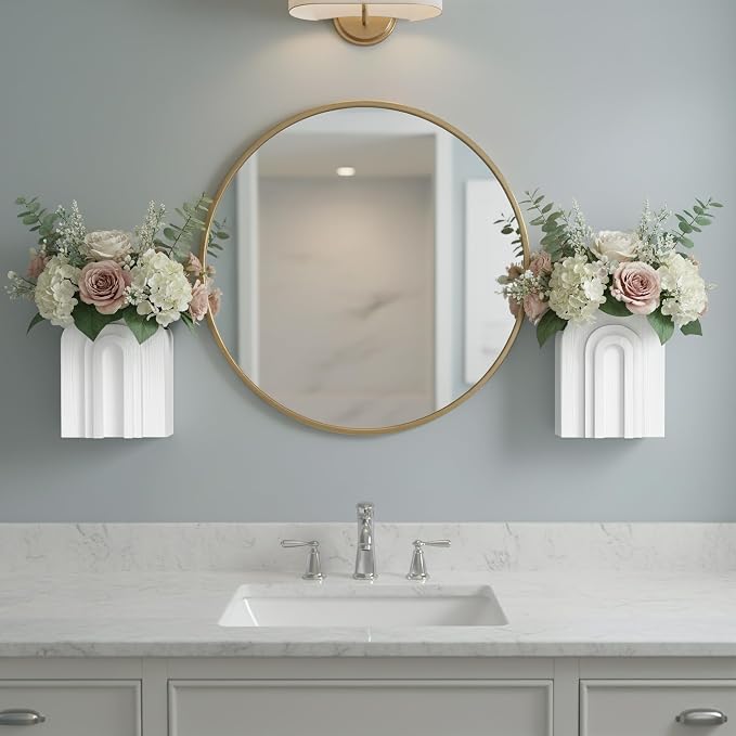 2 Pack White Wooden Wall Vase for Pampas Grass and Dried Flowers | Wall vases for faux flowers and greenery; boho bathroom wall decor for hallway, entryway, bedroom or living room