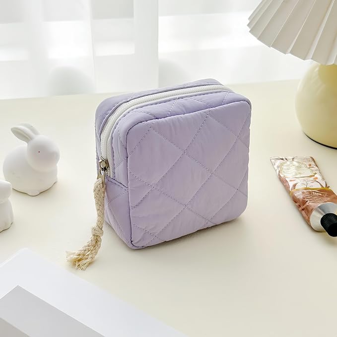 Small Makeup Bag | Discreet Period Bag Pad Pouch for Purse| Sanitary Napkin Storage & Tampon Holder for Travel (Quilted light purple)