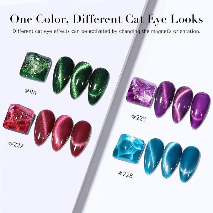 AZUREBEAUTY Cat Eye Magnetic Nail Polish Set, Quick Dry Non-Gel Holographic Fingernail Mooncat Polish with Top Coat, 4 Colors (Red, Purple, Green, Teal), DIY Salon at Home Manicure for Women