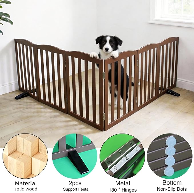 ZJSF Foldable Freestanding Indoor Dog Gate for House Wood Long Pet Gates Dog Fence for Stairs Puppy Gates for Hallways, Puppy Gate,Support Feet Included, Brown, 32 "Height-6 Panels