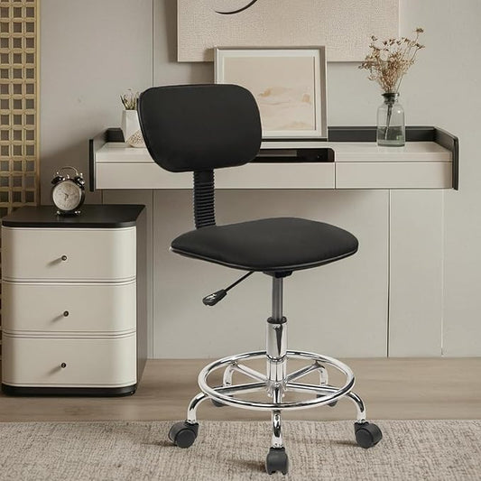 Low Wide Rolling Swivel Stool with Backrest, Adjustable Height Salon Chair Stools with Footrest for Spa Tattoo Office Desk Massage Task Lash Barber Facial, Black 1PK