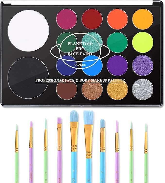UCANBE Face Paint Kit + 10pcs Paint Brush Water Activated Body Paint SFX Makeup Palette for Cosplay Halloween Black White Face Painting Kits for Adults Matte Neon Special Effects Makeup Kit