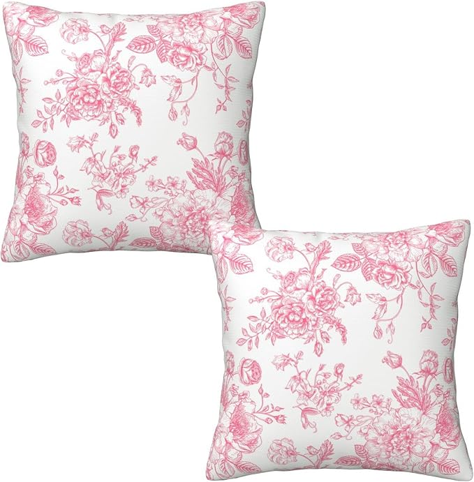 Vintage Pink Floral Throw Pillow Covers 16x16 Set of 2 Chinoiserie Farmhouse Decor Cushion Cases
