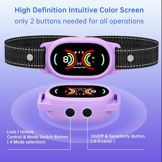 Dog Bark Collar, Rechargeable Bark Collar for Large Dog, Medium Dog and Small Dogs, IP67 Waterproof Anti Barking Collar with Adjustable Sensitivity(Purple)