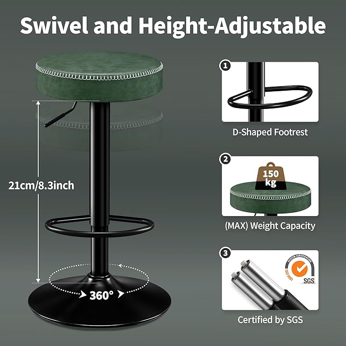 Bar Stools Set of 2 Microfiber Leather Counter Height Bar Stools with Round Seat Adjustable Swivel Backless Barstools Modern Tall Bar Chairs for Kitchen Island Green(24-33 Inch,330lbs)
