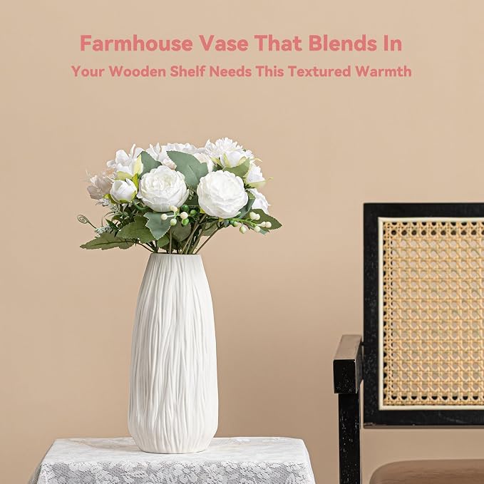 White Ceramic Vase with Woodgrain Texture & Vertical Lines - 9.3" Unique Flower Vase for Pampas Grass & Centerpieces, Farmhouse/Boho Decorative Vase for Living Room, Office Desk &Gift for Her/Yourself