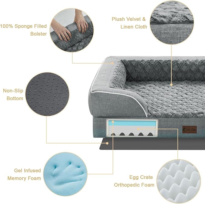 Orthopedic Washable Dog Bed for Extra Large Dogs, 42x30in, Grey | Orthopedic Foam Relieves Joint Pressure, Bolsters Supports Head And Neck, Washable Cover, Non-Slip Bottom