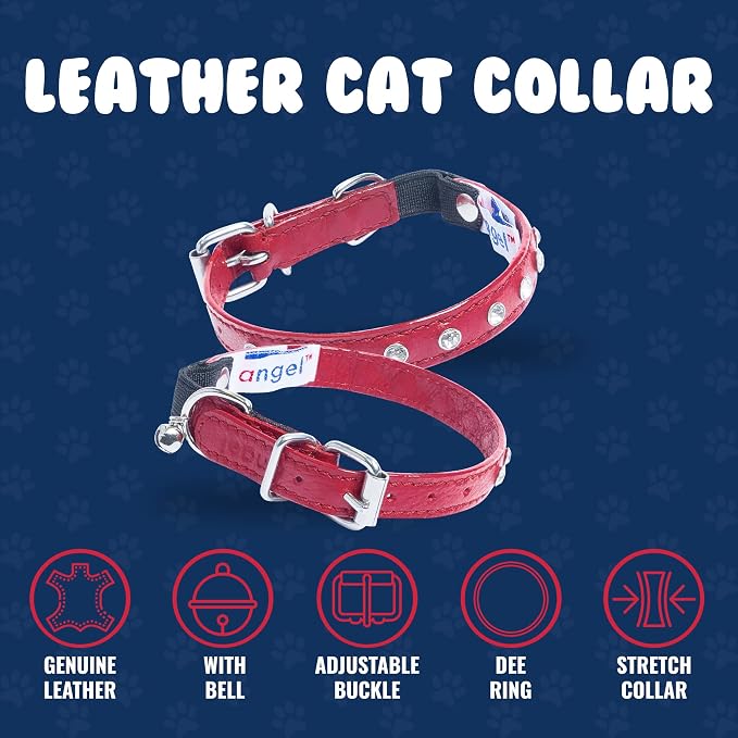 Athens Cat Collar, Leather Kitten Collar w/Rhinestones, Sturdy Breakaway Cat Collar with Bell & Elastic Stretch, Cat Accessories, Valentine Red, 10 x ½ inches - Angel Pet Supplies