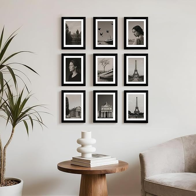 5x7 Picture Frame Set of 9, Display Pictures 4x6 with Mat or 5x7 without Mat, Multi Collage Gallery Square Photo Frames for Wall or Tabletop, Black