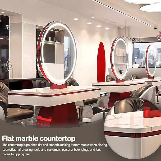 2-Person Salon Station for Hair Stylist with Retro-Futuristic Style, Barber Station includes LED Round Mirror, Red Metal Design, for Beauty Salon