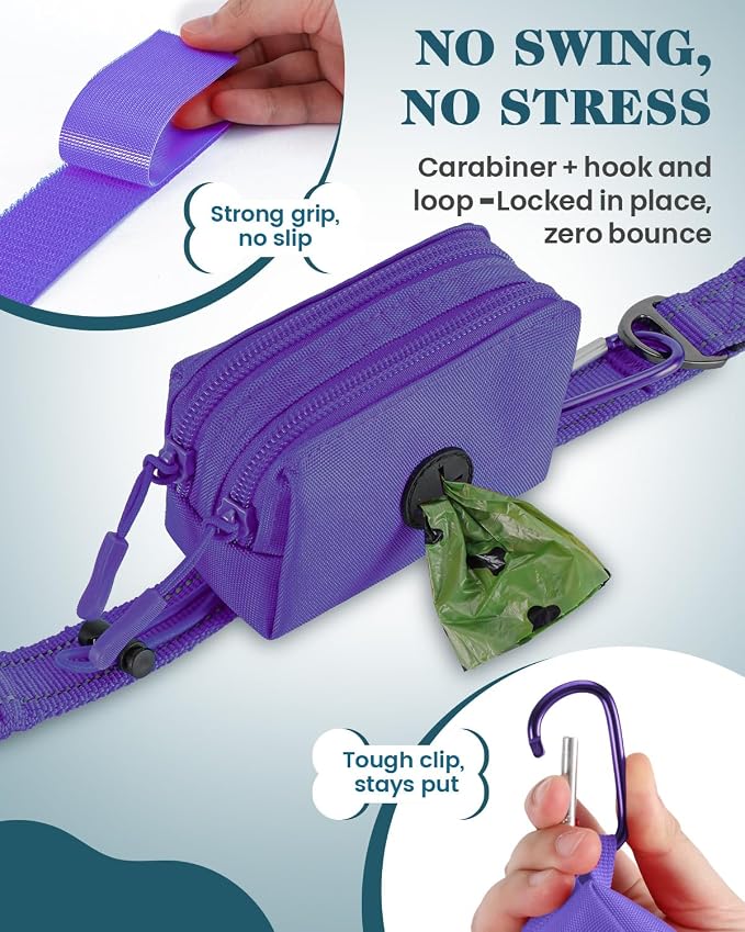Dog Poop Bag Holder for Leashes, Purple Doggie Waste Bag Dispenser and Treat Holder, with Carabiner Hook and Poop Bag Clip, Used Waterproof Wear-Resistant Fabric and 2 Zippered Pouches for Walking