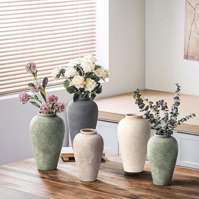 Black Ceramic Vase 9.2 inch, Large Farmhouse Table Vases, Tall Rustic Decorative Vases for Home Decor, Living Room Coffee Dining Shelf Mantel Decoration, Gray Black