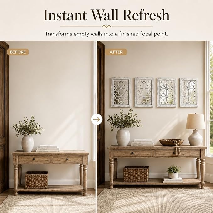 Set of 4 11x15 Inch Rectangular Shatterproof Grey Decorative Wall Mirrors, Boho Farmhouse Rustic Vintage Accent Mirrors for Living Room Bedroom Entryway & Home Decor