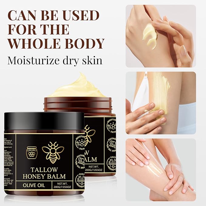 Beef Tallow for Skin - Organic Grass Fed & Whipped Tallow Honey Balm for Face, Body, Natural Moisturizer - Cream Deeply Nourishing for Soft, Supple, Dry Skin, Natural Formula 7.055 oz