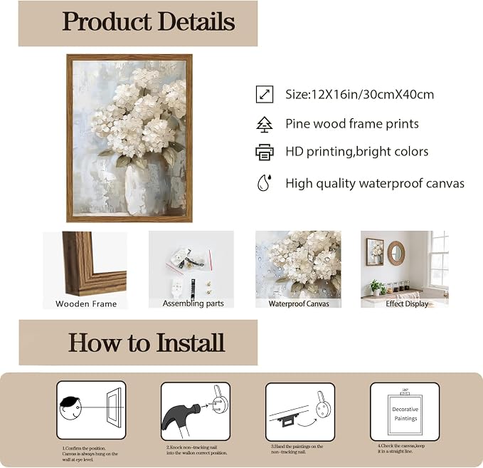 Framed Vintage Canvas Wall Art, White Hydrangea Floral Wall Decor Paintings, Flower Pictures Prints Aesthetic Home Decor for Living Room Bedroom Bathroom Office 12x16 inch