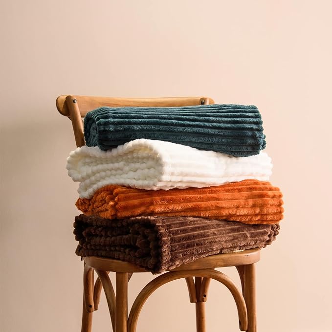 Vessia Flannel Fleece Orange Throw Blanket for Couch, Lightweight Warm Cozy Soft Striped Bed Throw for Adults and Kids, Microfiber Ribbed Sofa Blanket for All Season