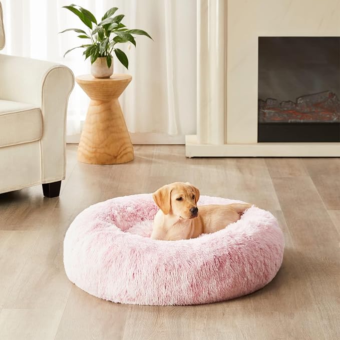 WNPETHOME Large Pink Round Calming Dog Bed Cat Bed for Comfy Sleep | Large Cute Washable Puppy & Cat Bed with Fluffy Plush, Faux Fur Anti Anxiety Pet Bed Donut Cuddler (45x45x10 Inch)